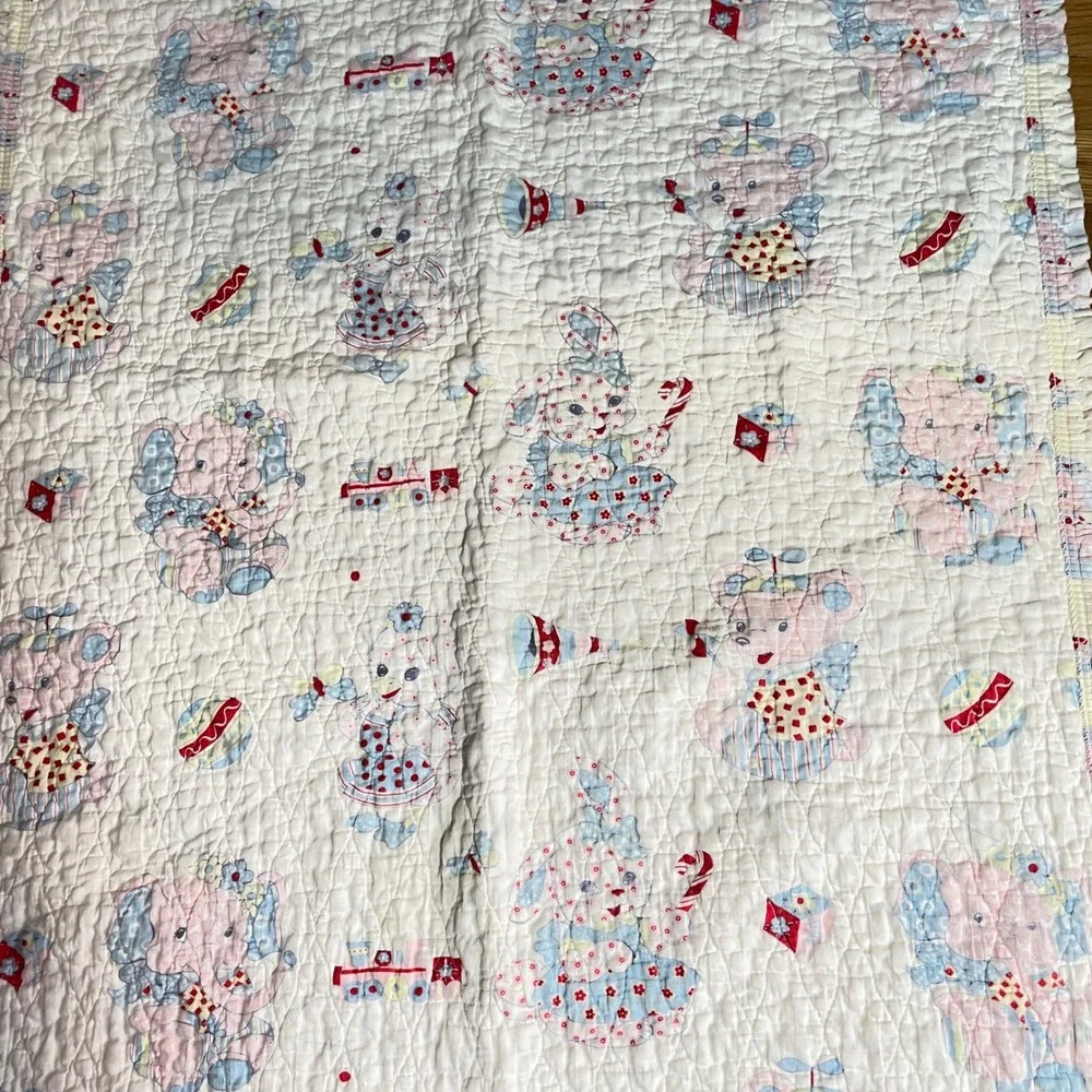 Vintage Quilted Baby Blanket Pastel Ruffled Circus Animal Elephant Bear Bunny